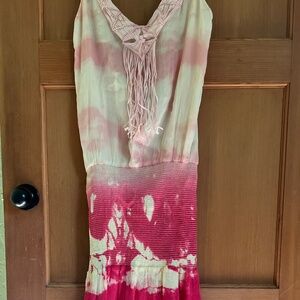 Moon Katz 100% Silk Tie Dye Hot Pink Halter Dress